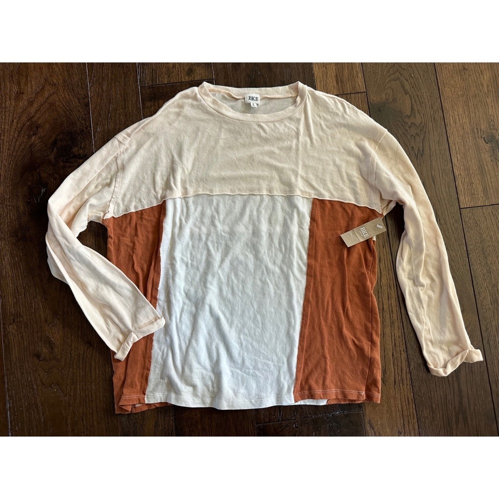 BKE Womens Colorblock Long Sleeve Top Cream Rust Orange Size Small NWT